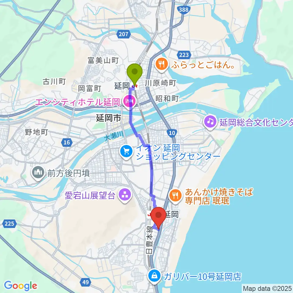 延岡駅からカジオンスタジオ 音楽教室へのルートマップ地図