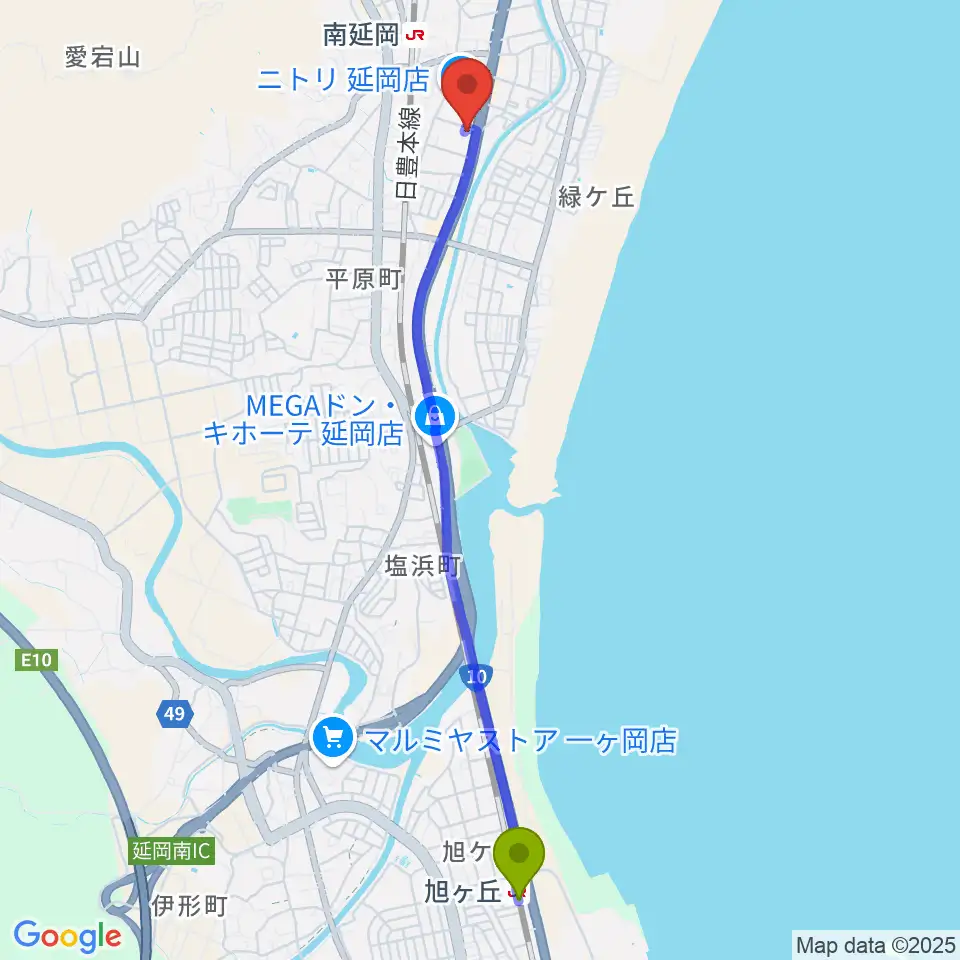 旭ケ丘駅からカジオンスタジオ 音楽教室へのルートマップ地図