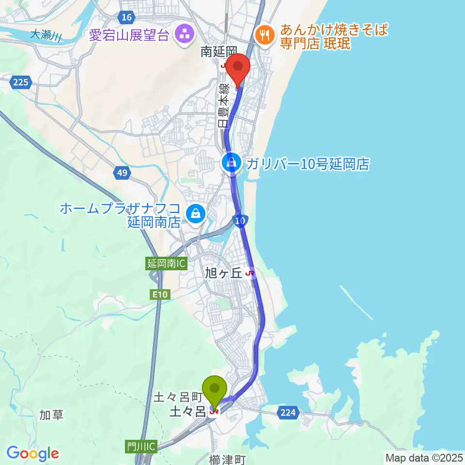 土々呂駅からカジオンスタジオ 音楽教室へのルートマップ地図