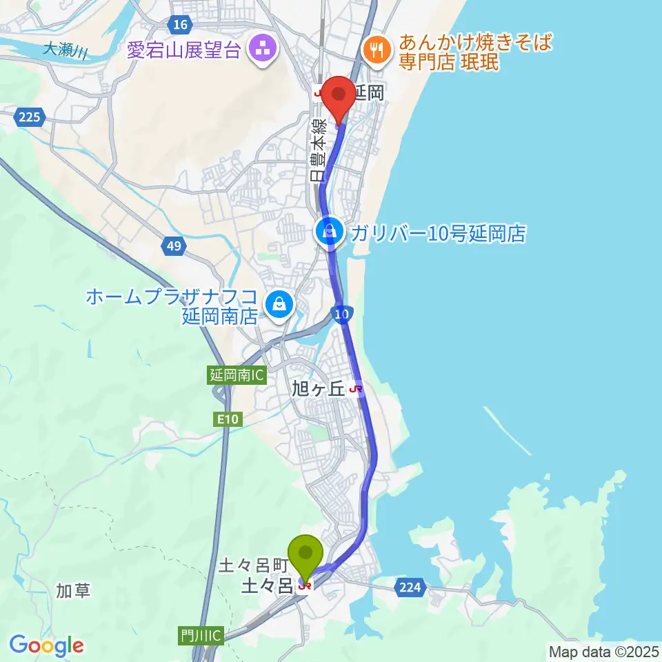 土々呂駅からカジオンスタジオ 音楽教室へのルートマップ地図