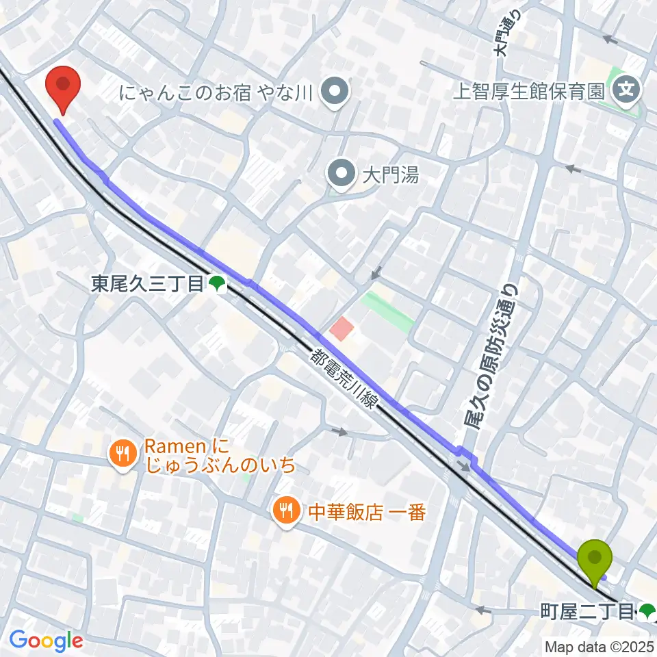 町屋二丁目駅から三味線かとうへのルートマップ地図