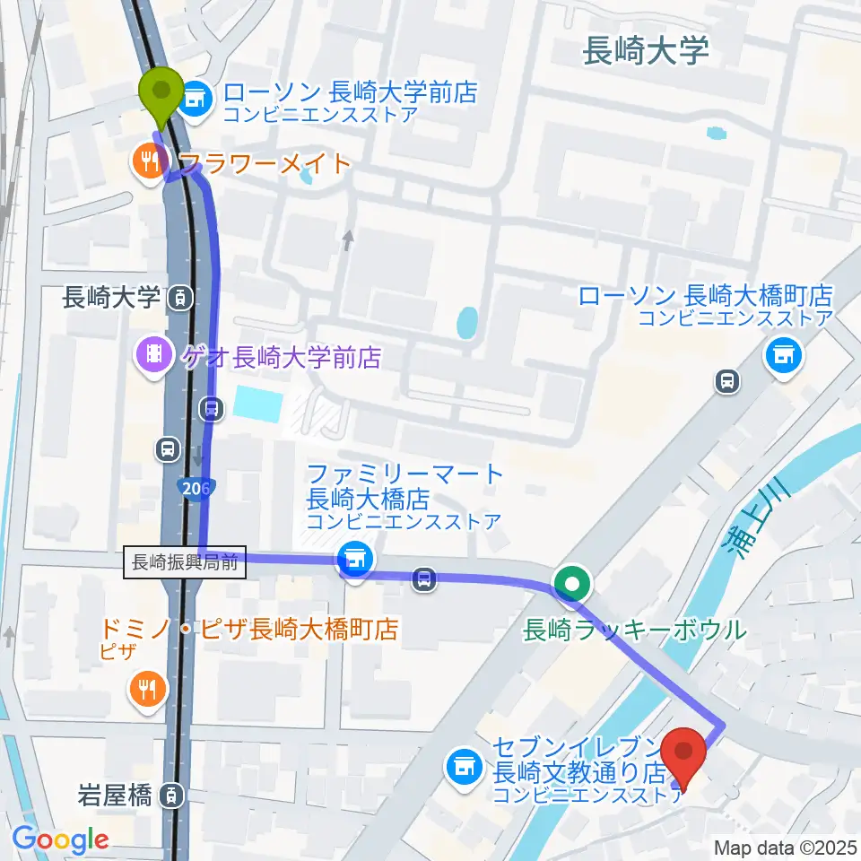 長崎大学駅からナカシマドラム教室へのルートマップ地図