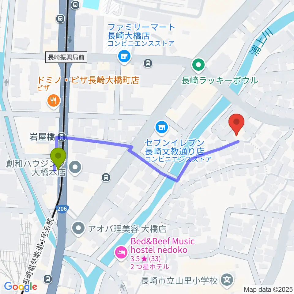 ナカシマドラム教室の最寄駅岩屋橋駅からの徒歩ルート（約5分）地図