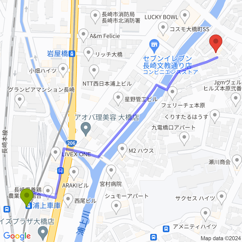 浦上車庫駅からナカシマドラム教室へのルートマップ地図