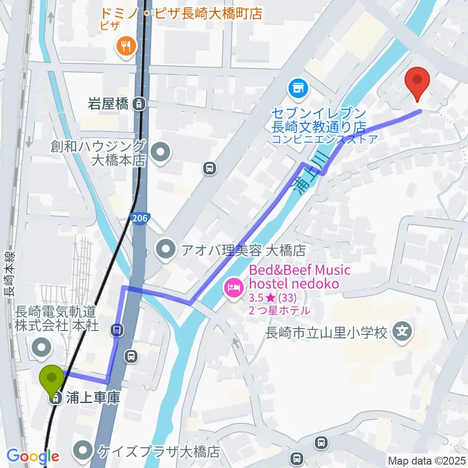 浦上車庫駅からナカシマドラム教室へのルートマップ地図