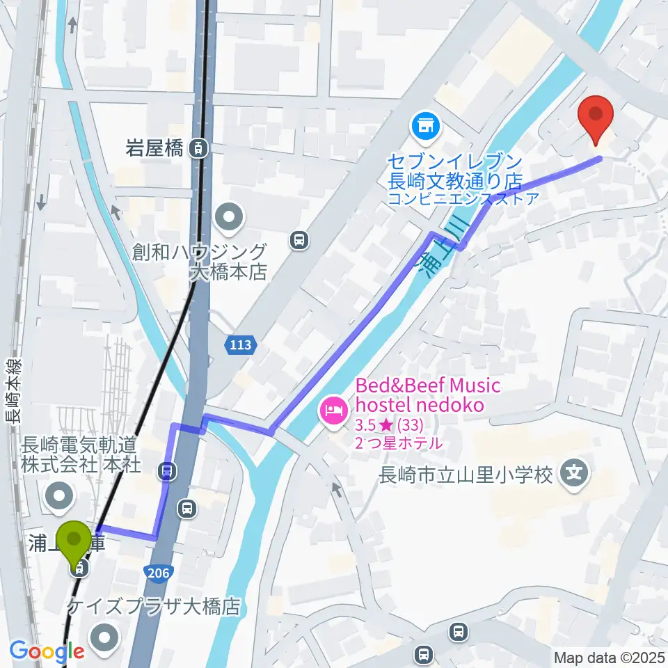 浦上車庫駅からナカシマドラム教室へのルートマップ地図