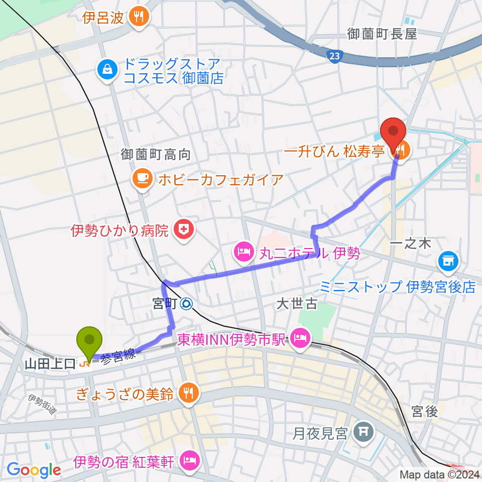 山田上口駅からETUDEドラム教室へのルートマップ地図