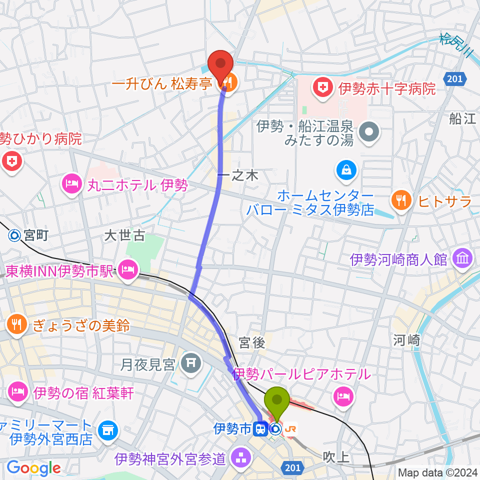 伊勢市駅からETUDEドラム教室へのルートマップ地図