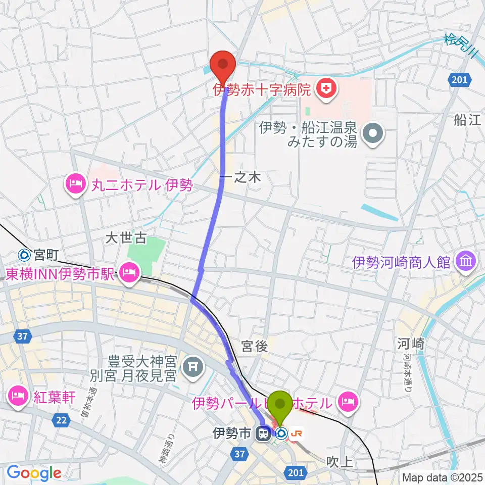 伊勢市駅からETUDEドラム教室へのルートマップ地図