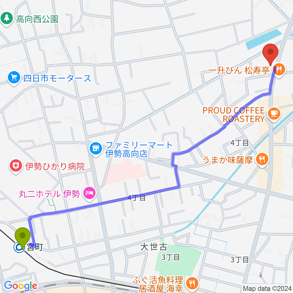 ETUDEドラム教室の最寄駅宮町駅からの徒歩ルート（約17分）地図