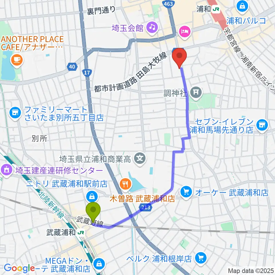 武蔵浦和駅から柏屋楽器フォーラムへのルートマップ地図