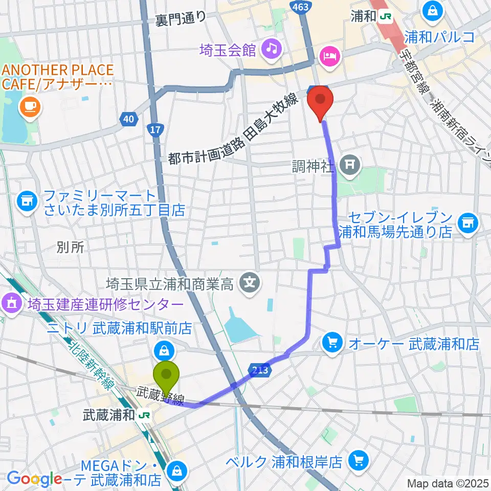 武蔵浦和駅から柏屋楽器フォーラムへのルートマップ地図