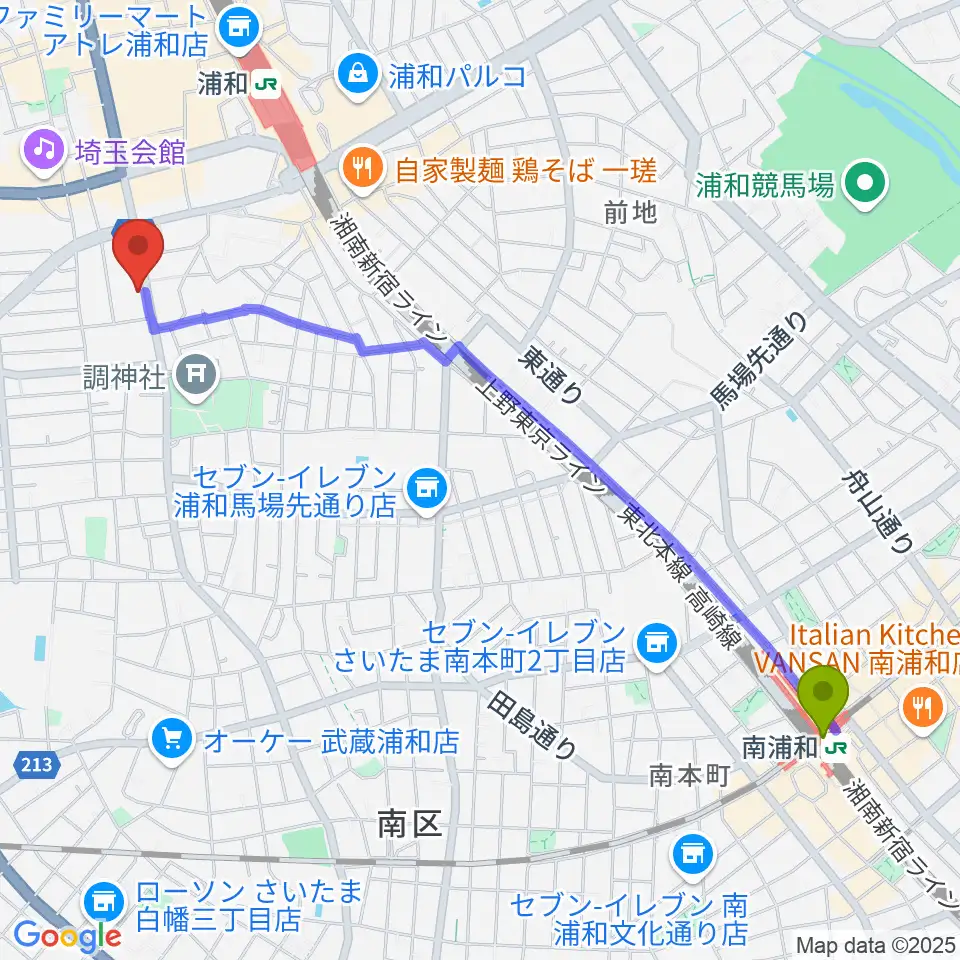 南浦和駅から柏屋楽器フォーラムへのルートマップ地図