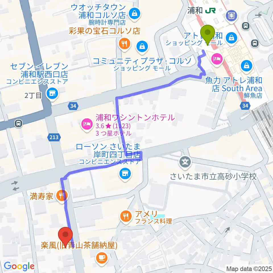 柏屋楽器フォーラムの最寄駅浦和駅からの徒歩ルート（約7分）地図