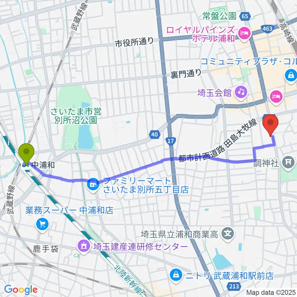 中浦和駅から柏屋楽器フォーラムへのルートマップ地図