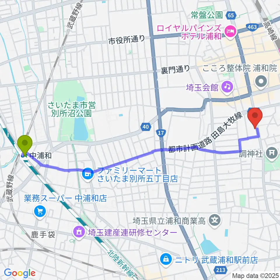 中浦和駅から柏屋楽器フォーラムへのルートマップ地図