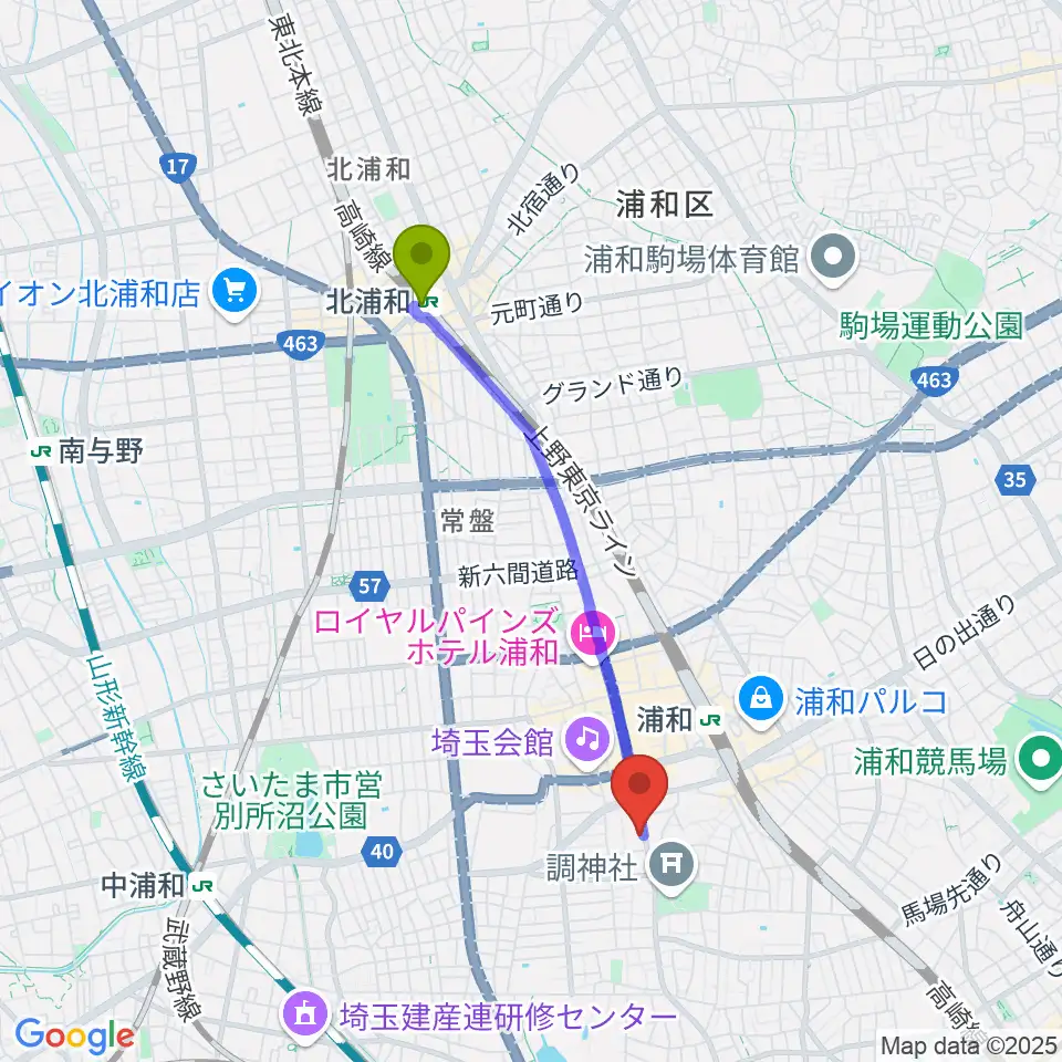 北浦和駅から柏屋楽器フォーラムへのルートマップ地図