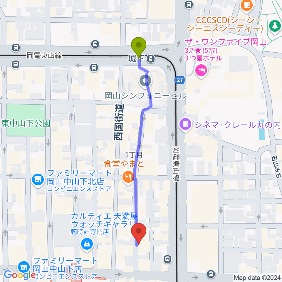 城下駅から岡山イマージュへのルートマップ地図