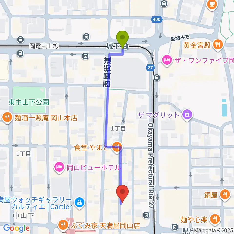 城下駅から岡山イマージュへのルートマップ地図