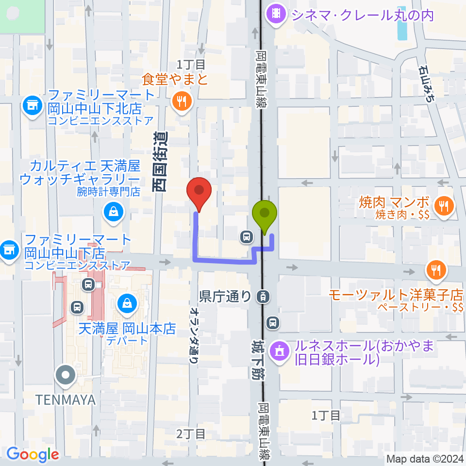 岡山イマージュの最寄駅県庁通り駅からの徒歩ルート（約1分）地図