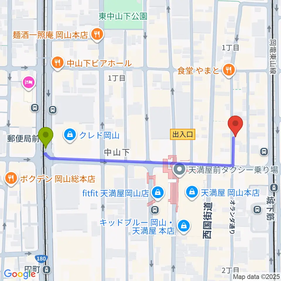 郵便局前駅から岡山イマージュへのルートマップ地図