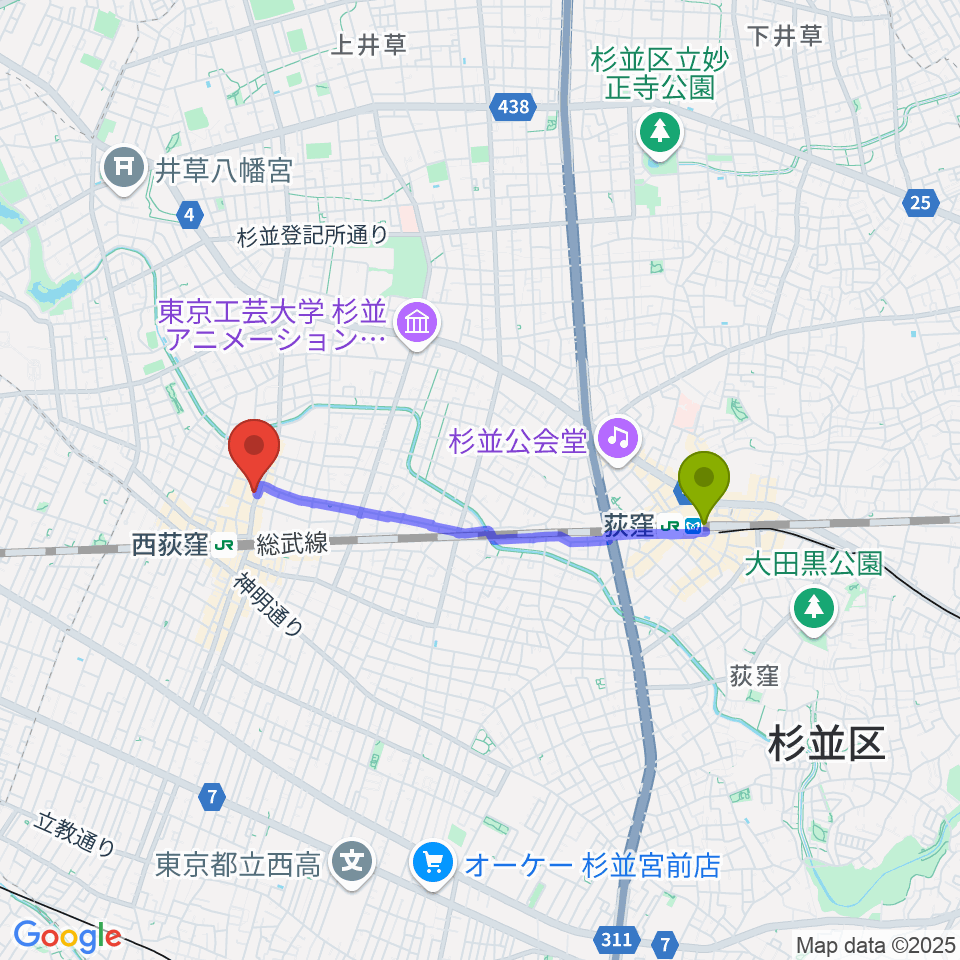 荻窪駅からSTUDIO UENへのルートマップ地図