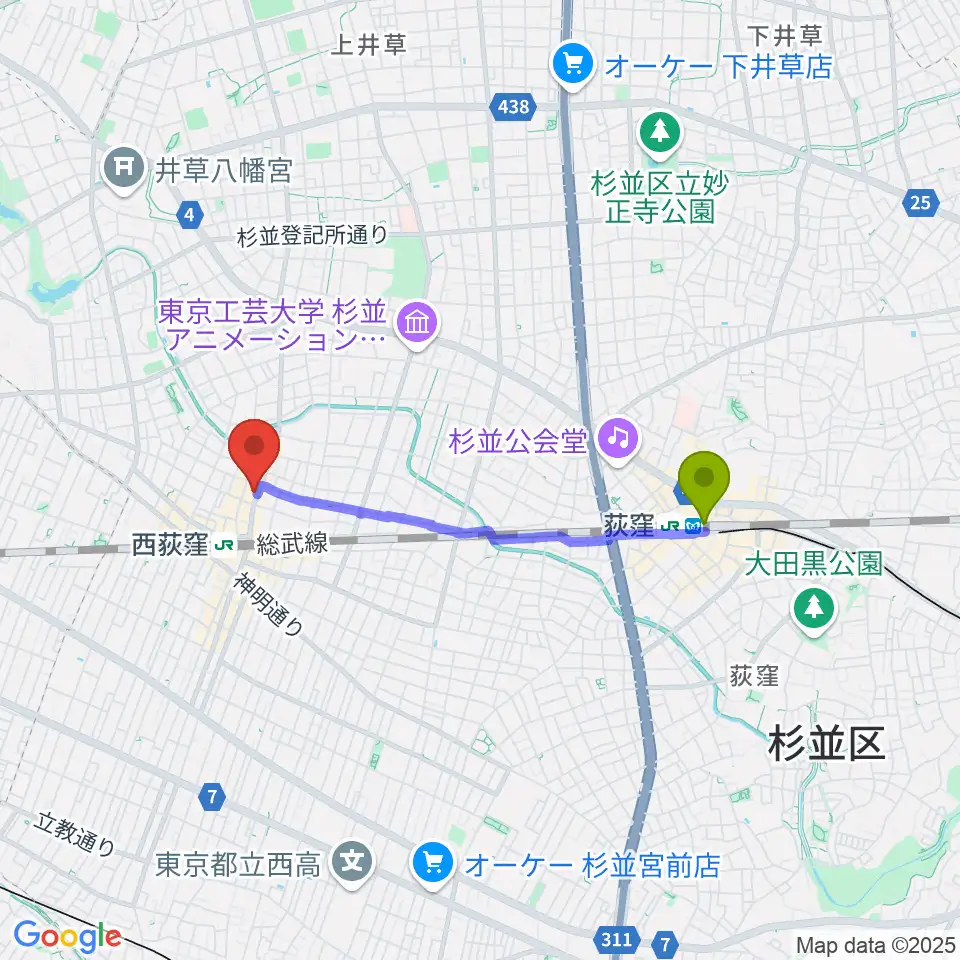 荻窪駅からSTUDIO UENへのルートマップ地図