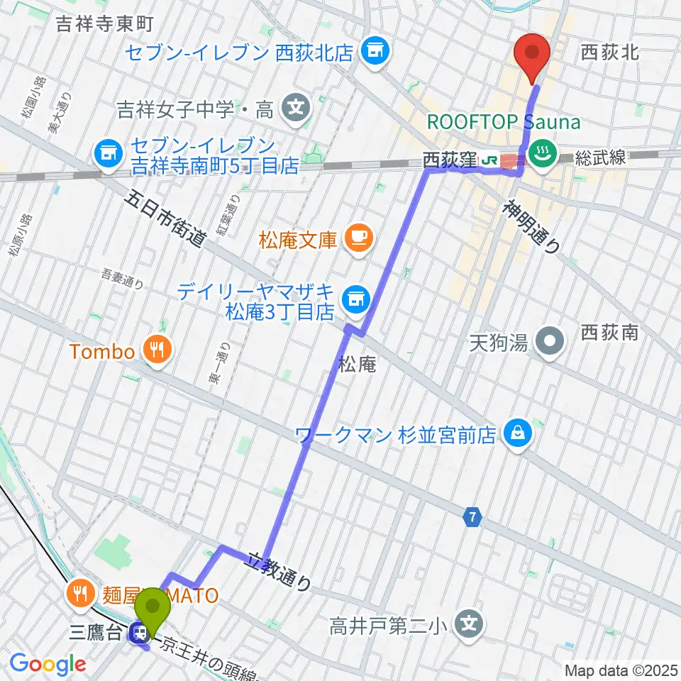 三鷹台駅からSTUDIO UENへのルートマップ地図