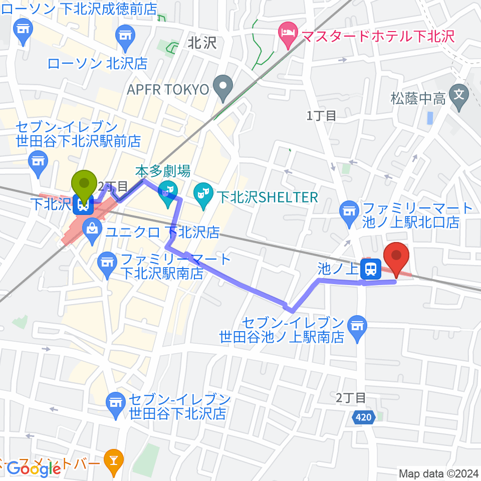 下北沢駅からヤマテピアノへのルートマップ地図