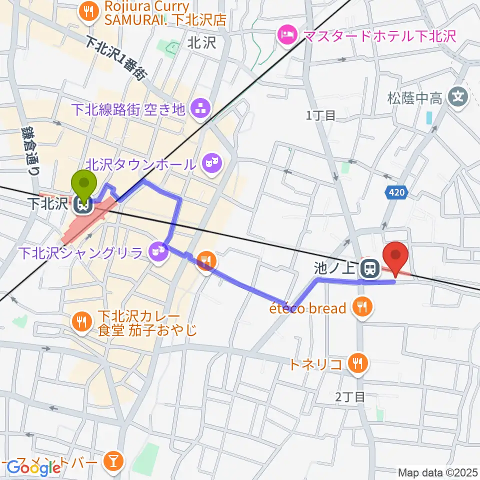 下北沢駅からヤマテピアノへのルートマップ地図