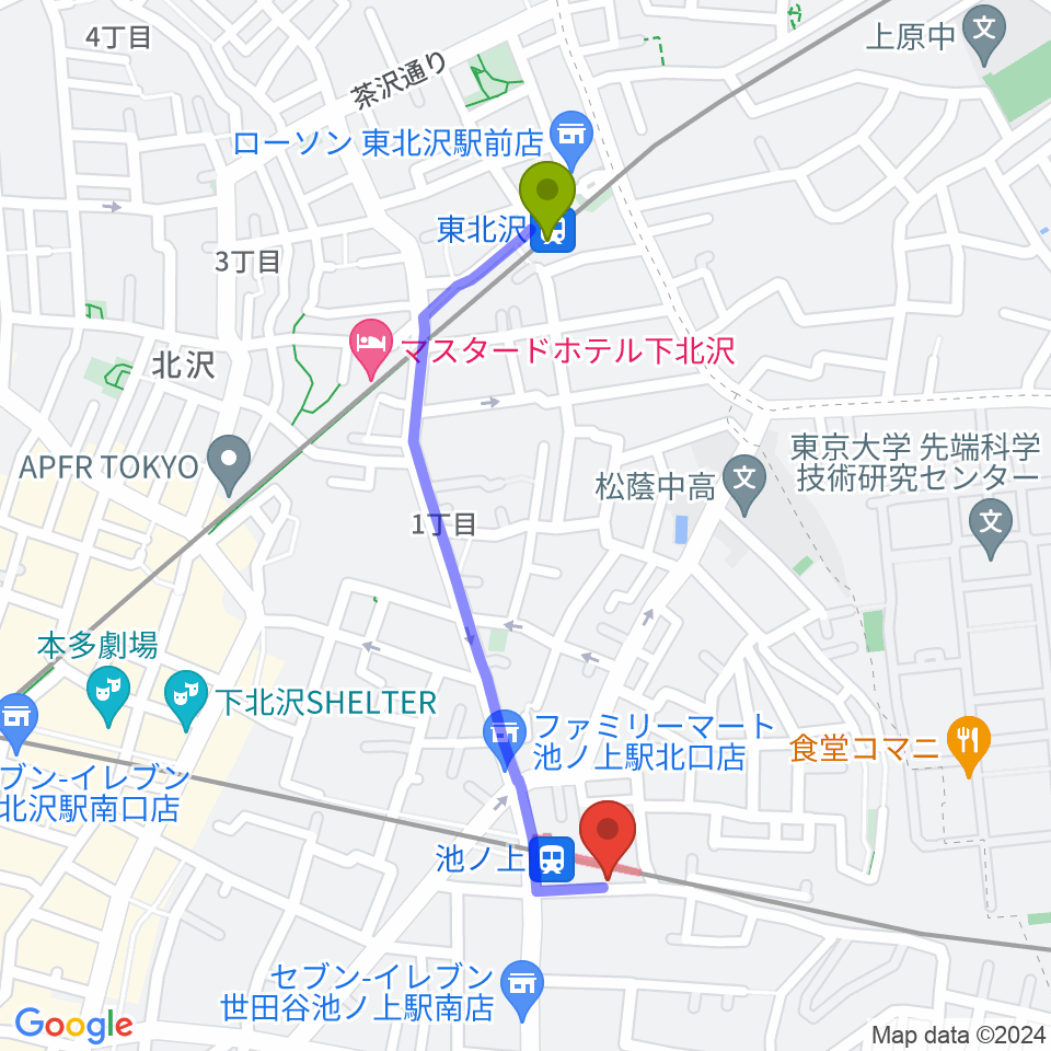 東北沢駅からヤマテピアノへのルートマップ地図