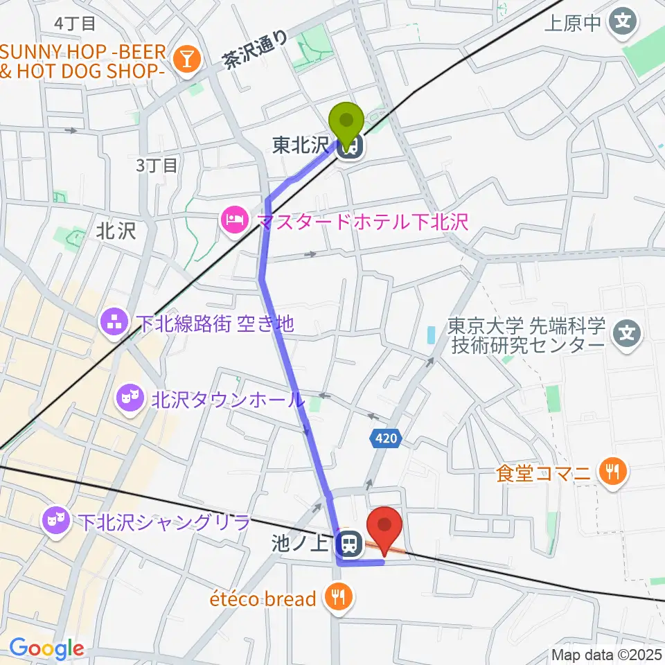 東北沢駅からヤマテピアノへのルートマップ地図