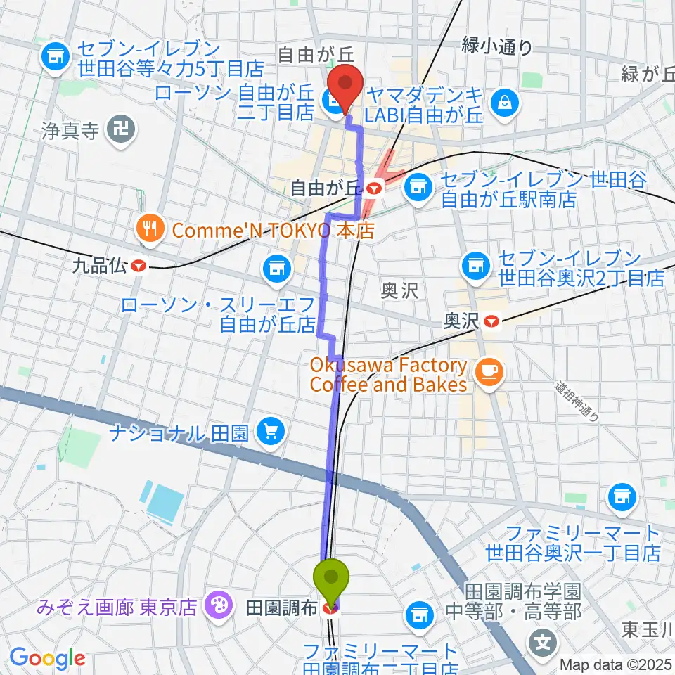 田園調布駅からラマンダ シャンソン教室へのルートマップ地図