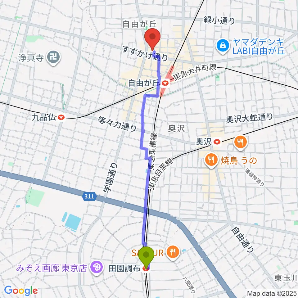 田園調布駅からラマンダ シャンソン教室へのルートマップ地図