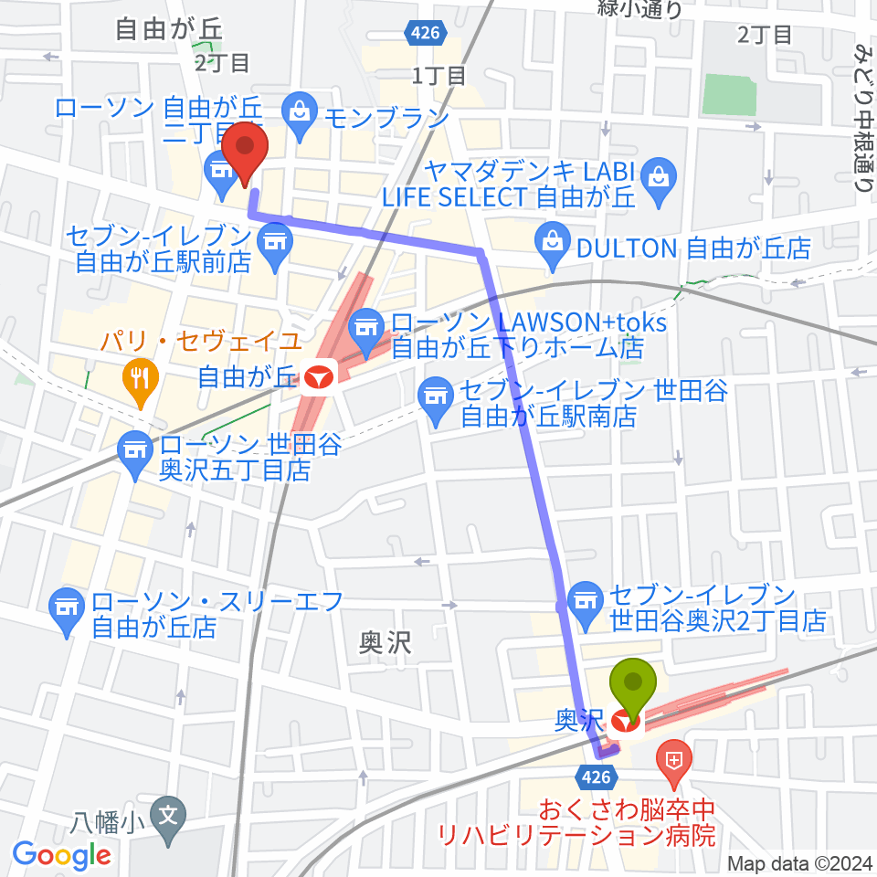奥沢駅からラマンダ シャンソン教室へのルートマップ地図