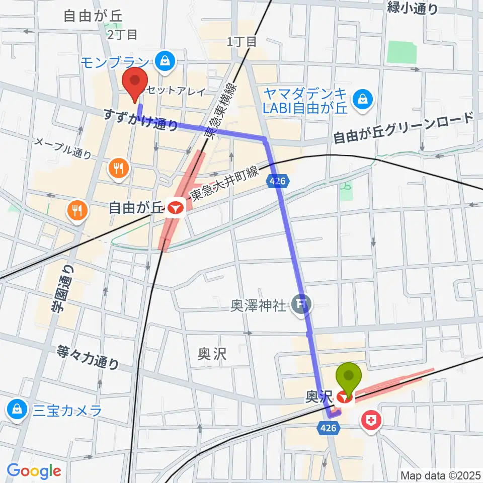 奥沢駅からラマンダ シャンソン教室へのルートマップ地図
