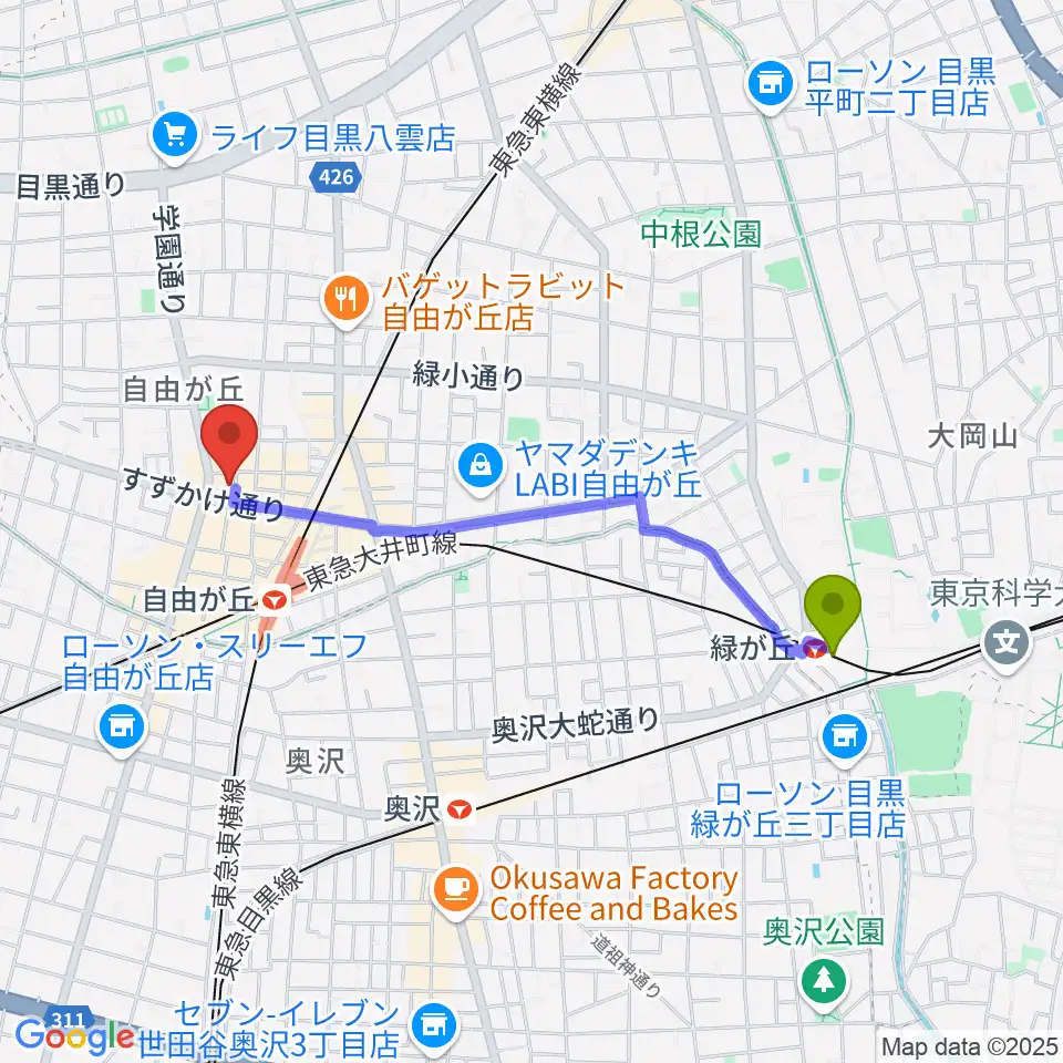 緑が丘駅からラマンダ シャンソン教室へのルートマップ地図