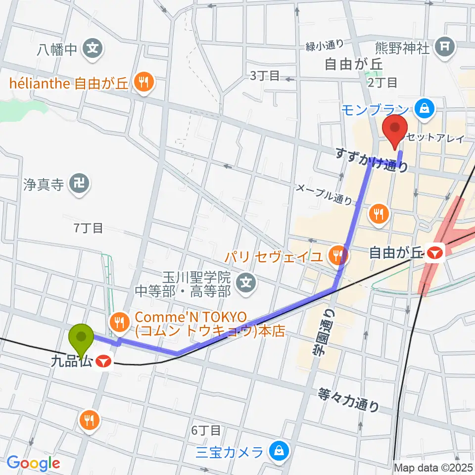 九品仏駅からラマンダ シャンソン教室へのルートマップ地図