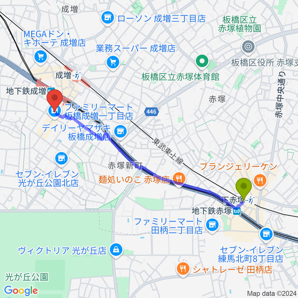 下赤塚駅からサクライ楽器 成増本店へのルートマップ地図