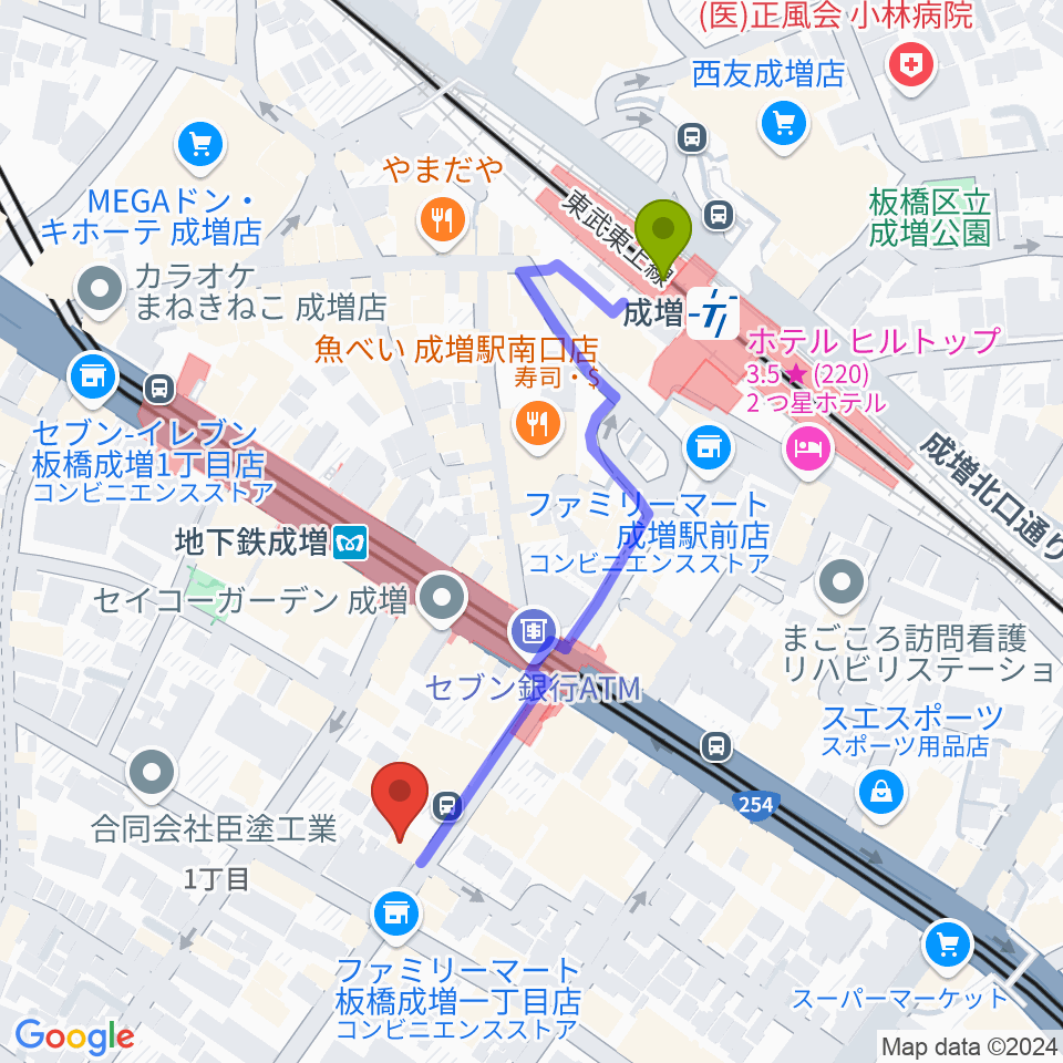 サクライ楽器 成増本店の最寄駅成増駅からの徒歩ルート（約5分）地図