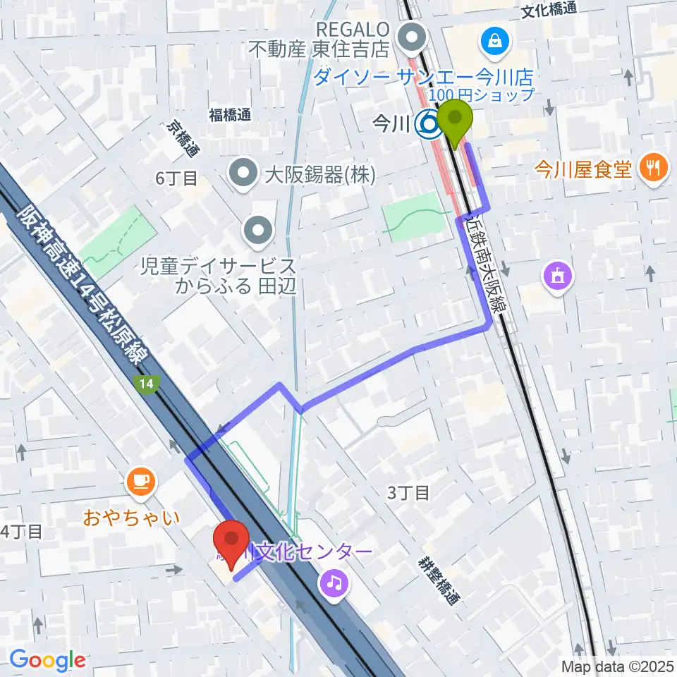 ナガイミュージックスタジオの最寄駅今川駅からの徒歩ルート（約6分）地図