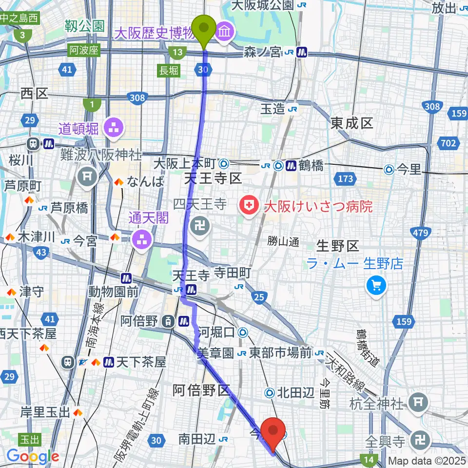 谷町四丁目駅からナガイミュージックスタジオへのルートマップ地図