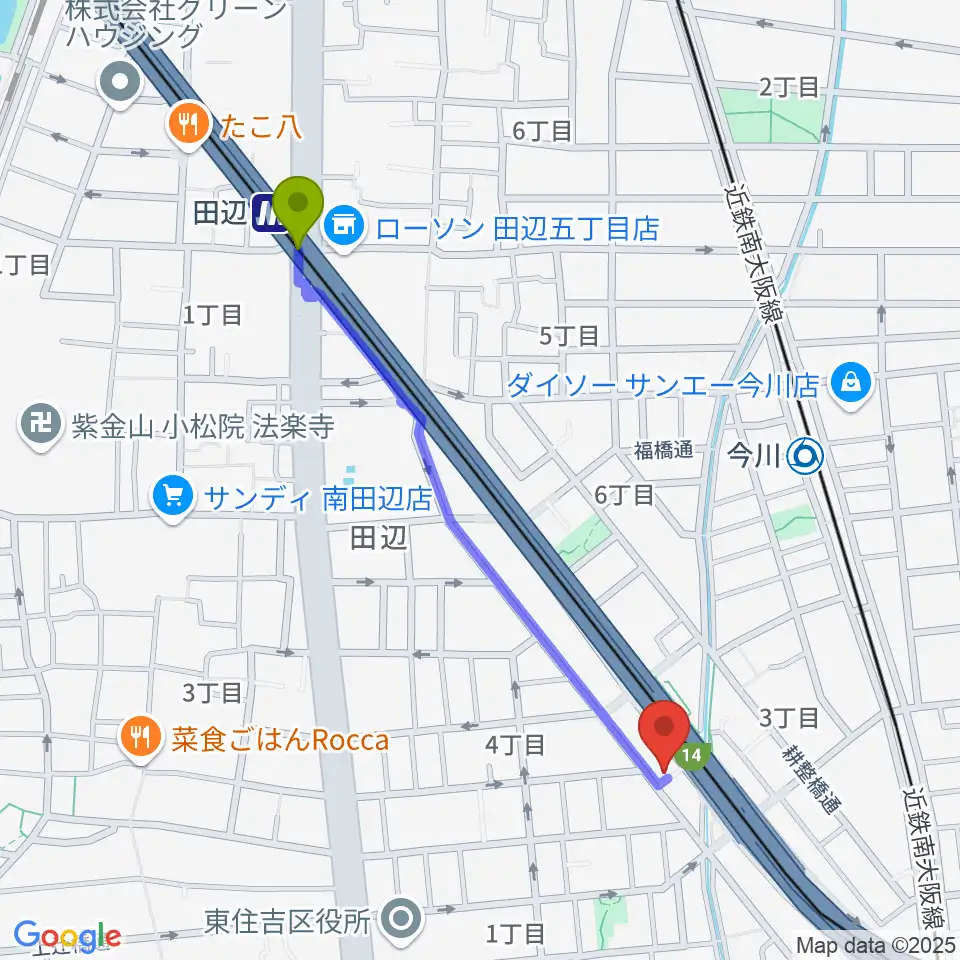 田辺駅からナガイミュージックスタジオへのルートマップ地図