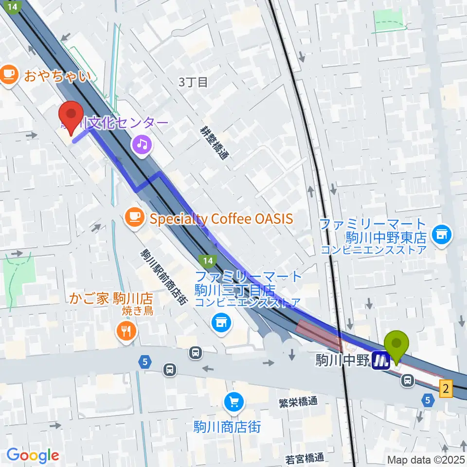 駒川中野駅からナガイミュージックスタジオへのルートマップ地図