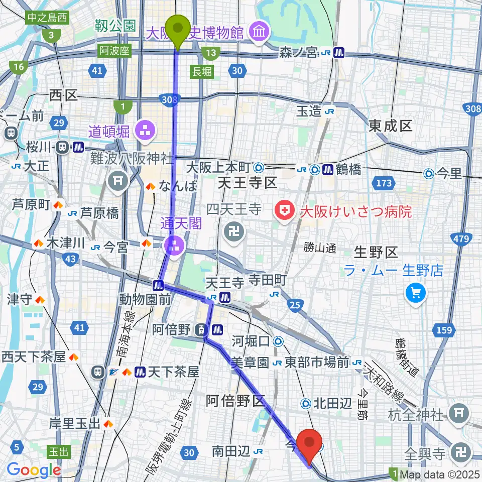堺筋本町駅からナガイミュージックスタジオへのルートマップ地図
