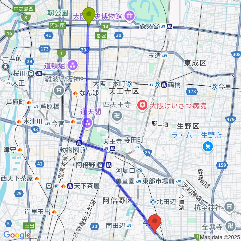 堺筋本町駅からナガイミュージックスタジオへのルートマップ地図