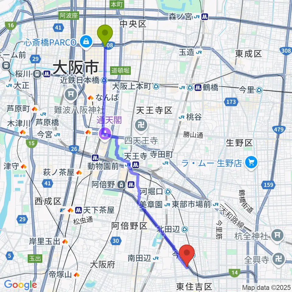 長堀橋駅からナガイミュージックスタジオへのルートマップ地図