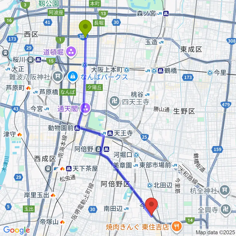 長堀橋駅からナガイミュージックスタジオへのルートマップ地図