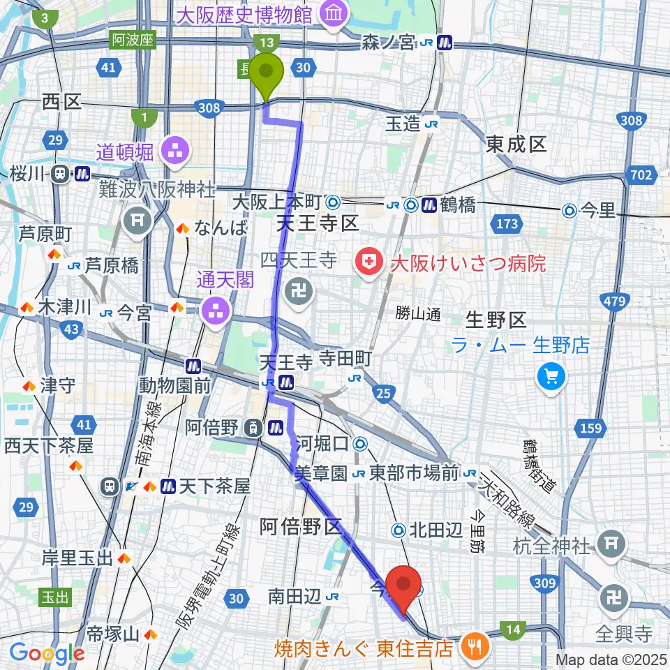 松屋町駅からナガイミュージックスタジオへのルートマップ地図