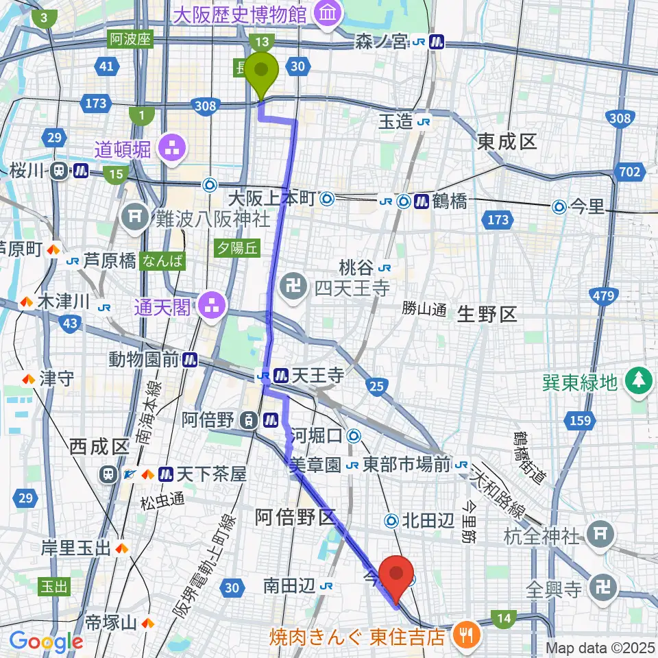 松屋町駅からナガイミュージックスタジオへのルートマップ地図